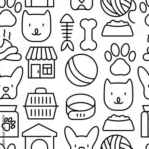 Pet care seamless pattern with thin line icons of dog, cat, accessories, food, toys. Vector illustration for banner or web page for vet clinic, pet shop or shelter.