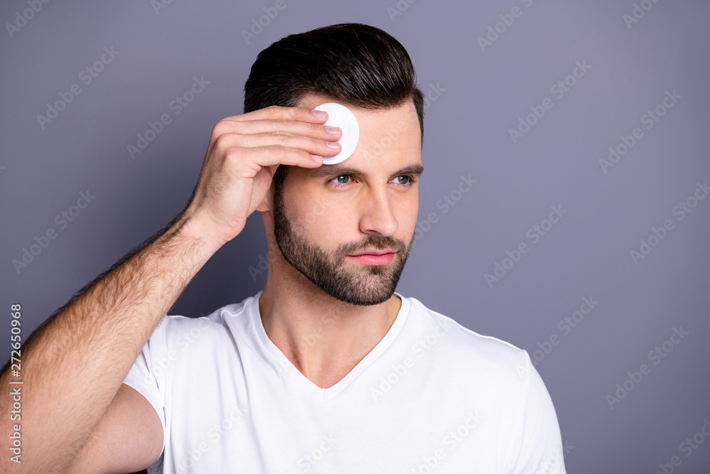 Close up photo amazing he him his macho hairdo after barber shop stylist visit clean facial perfect skin moisturizer look wondered empty space wear casual white t-shirt isolated grey background Close up photo amazing he him his macho hairdo after barber shop stylist visit clean facial perfect skin moisturizer look wondered empty space wear casual white t-shirt isolated grey background