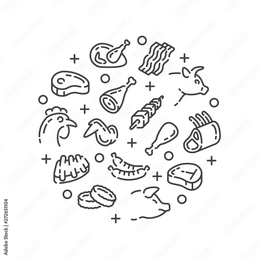 Line design with different meat products elements isolated on white background. Vector illustration.