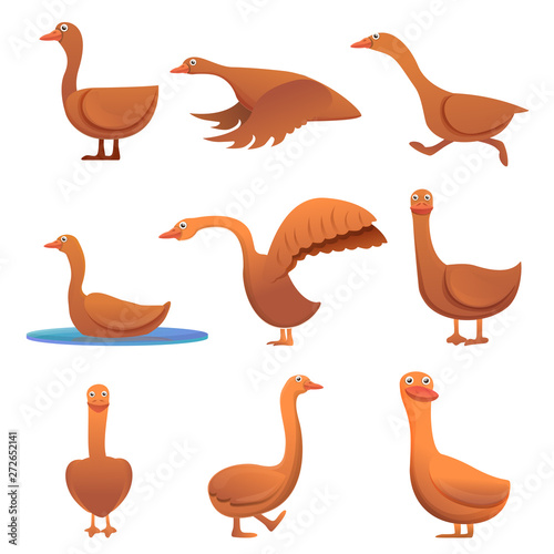 Goose icons set. Cartoon set of goose vector icons for web design