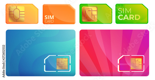 Sim phone card icons set. Cartoon set of sim phone card vector icons for web design