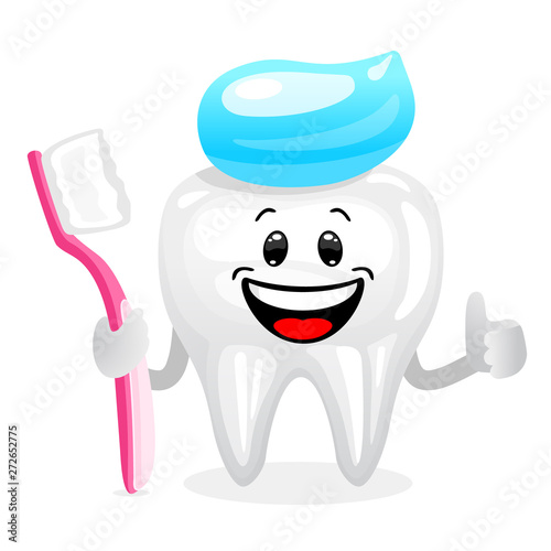 Concept of tooth healthy and toothbrushing. Character tooth with toothbrush on hand and toothpaste on head in cartoon style on white background.