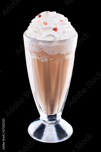 Cold coffee drink or cocktail with cream on black isolated background