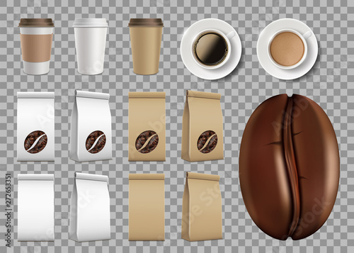 Set of template package with coffee beans and mugs.