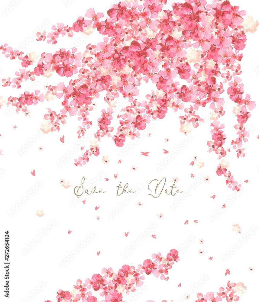 save the date card design with watercolor pink sakura