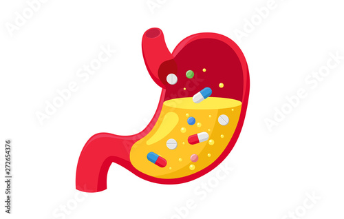 Pills tablets in human stomach with gastric acid juice. Taking medicine orally. Medical treatment dependence on medicines concept. Vector flat illustration