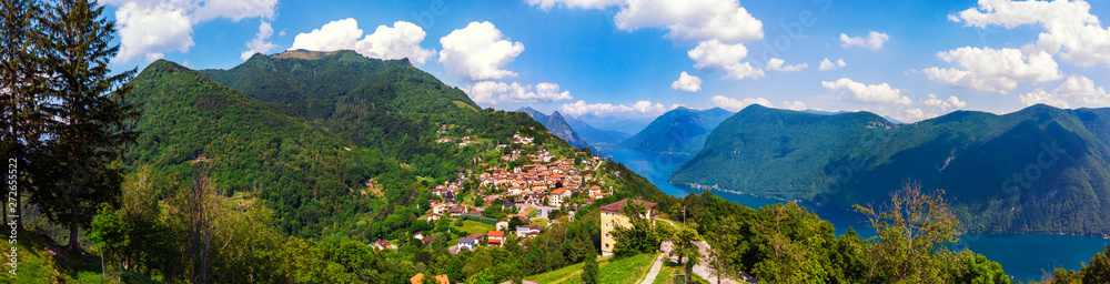 Fototapeta premium Beautiful panoramic view of Bre town over Lugano Lake