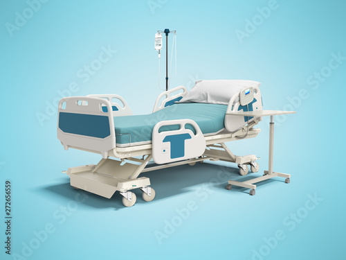 Concept hospital bed with electronic control from the console with dropper and table 3d render on blue background with shadow
