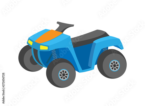 Quad bike on white, transport or extreme equipment, blue car icon, flat style of colorful offroad auto, championship or rally, atv driving by mud vector