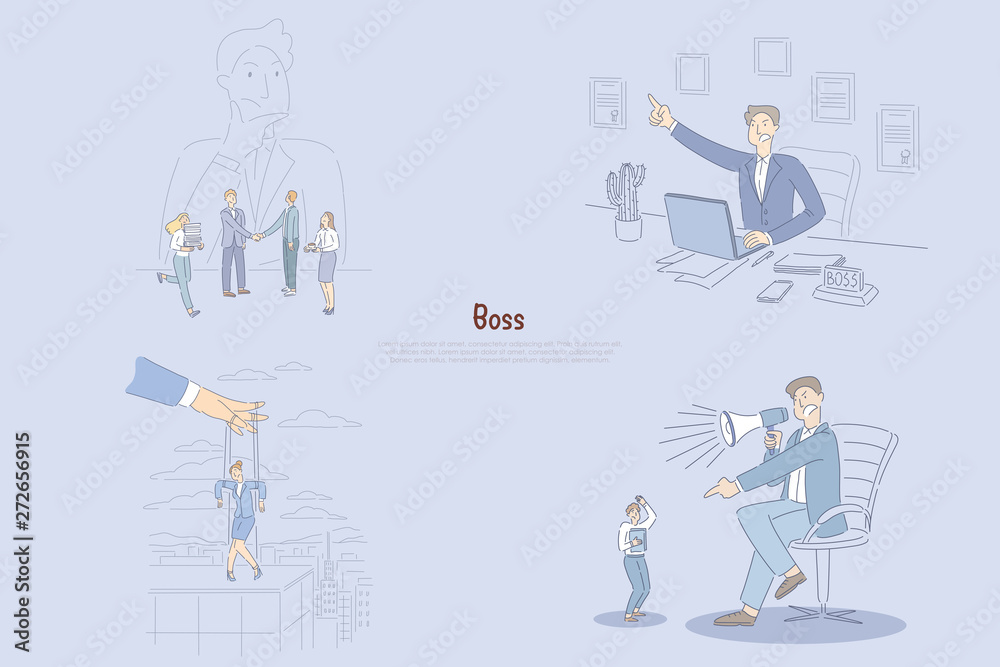 Man thinking about his employees, angry manager sitting in office, businesswoman controlled by hand, superior shouting at worker banner