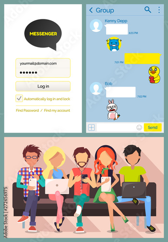 People using kakaotalk messenger vector, man and woman with smartphones and laptops chatting. Login and password, social network for teenagers talk