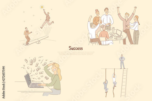 Men jumping on seesaw towards stars, group celebrating achievement together, woman earned lot of money online banner