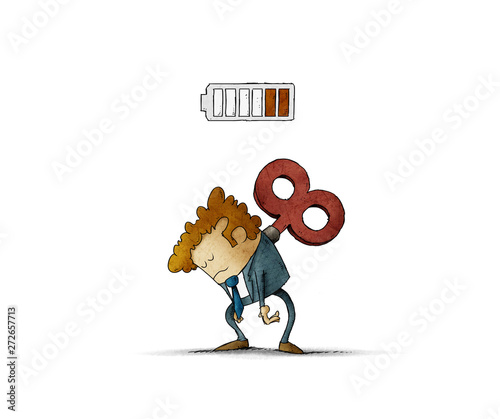 Tired businessman with a key winder on her back has no energy. illustration, isolated