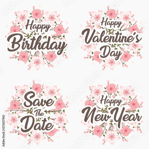 Greeting card template for happy birthday valentine's day and happy new year with flower wreath.