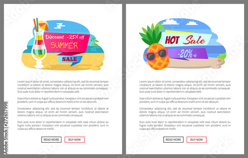 Summer sale for customers vector, website with text. Cocktail poured in glass, pineapple wearing sunglasses, coast beach and island in distance set