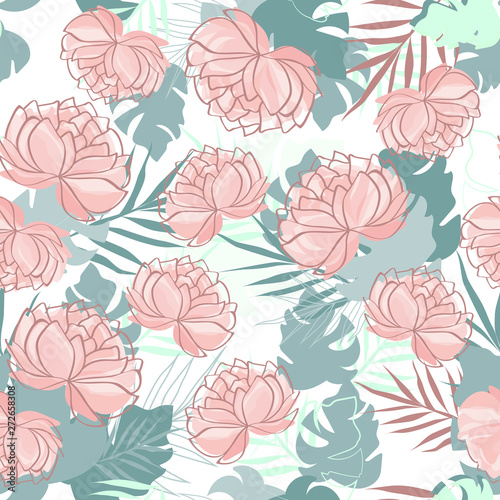 Vector seamless pattern with tropical leaves and flowers. For wrapping paper, cover design, wallpaper for flower store, atelier, boutique, beauty salon, print on tile. Fashion botanical background.