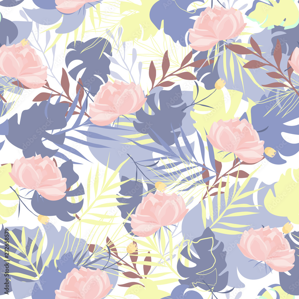 Vector seamless pattern with pions on backdrop of tropical leaves. For wrapping paper, cover design, wallpaper for flower store, spa, boutique, print on tile. Fashion floral background. Vector seamless pattern with pions on backdrop of tropical leaves. For wrapping paper, cover design, wallpaper for flower store, spa, boutique, print on tile. Fashion floral background.