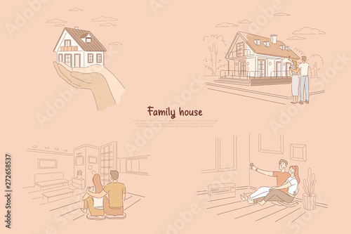 Two hands holding house metaphor, young couple looking at future home, newlyweds sitting in house together banner