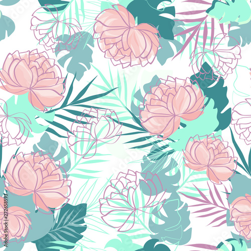 Vector seamless pattern with tropical leaves and flowers. Fashion floral background. For wrapping paper, cover design, wallpaper for flower store, atelier, spa, boutique, beauty salon, print on tile.