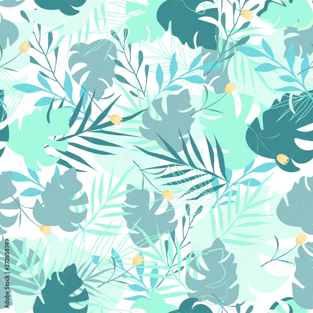 Fototapeta premium Vector seamless pattern with tropical leaves and flowers. Fashion floral background. For wrapping paper, cover design, wallpaper, atelier, spa, boutique, beauty salon, print on clothes.