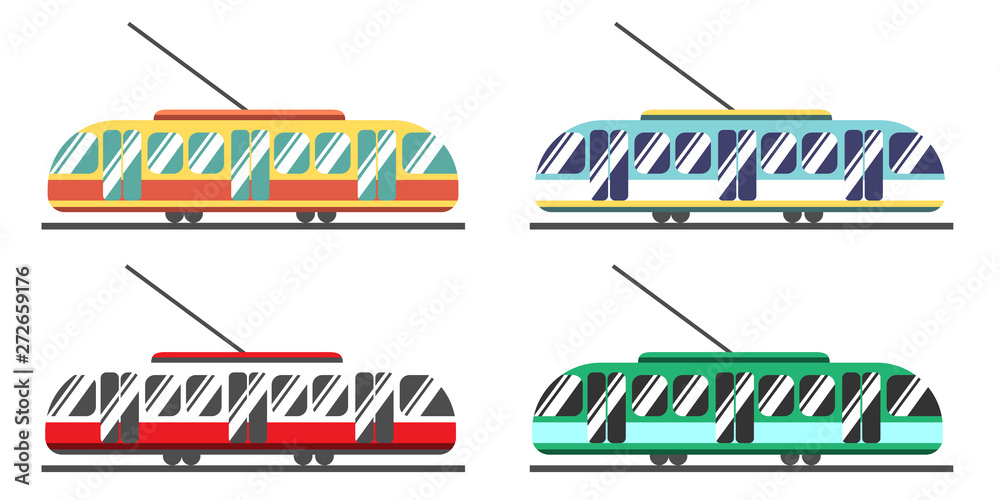 A set of eco-friendly trams of different colors. Public transport is favorable for the environment and the city. Beautiful bright colors of public transport.