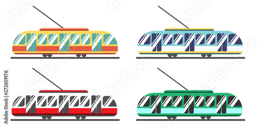 A set of eco-friendly trams of different colors. Public transport is favorable for the environment and the city. Beautiful bright colors of public transport.
