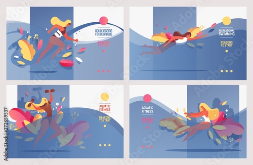 Vector landing pages for sport in pool, aqua courses for women. Aqua aerobics, yoga, training and exercises in bright vivid banners with blue water waves