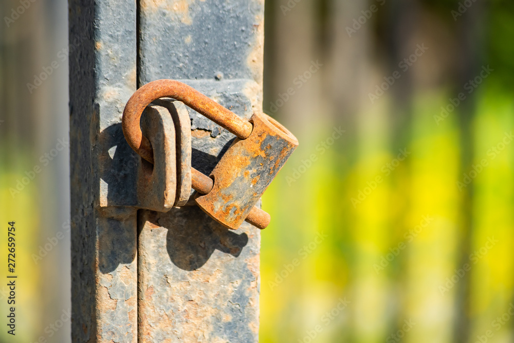 Padlock on the gate covered with corrosion Padlock on the gate covered with corrosion