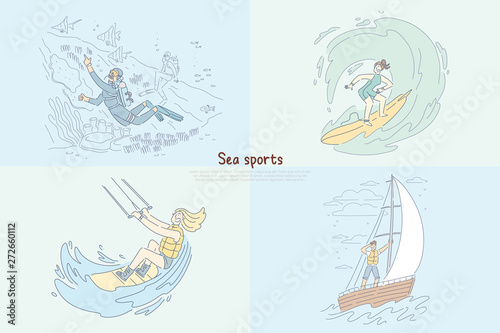 Diver underwater, surfer riding wave, boardsport woman kitesurfing attached to parachute, sailing at sea banner