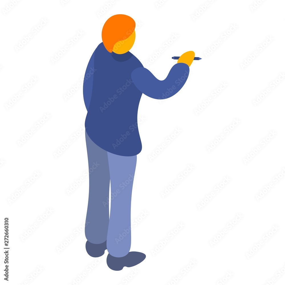 Man writing at whiteboard icon. Isometric of man writing at whiteboard vector icon for web design isolated on white background Man writing at whiteboard icon. Isometric of man writing at whiteboard vector icon for web design isolated on white background