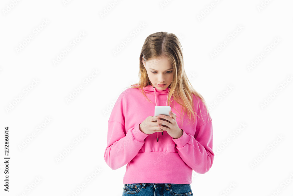 teenage girl in pink hoodie using smartphone isolated on white with copy space teenage girl in pink hoodie using smartphone isolated on white with copy space