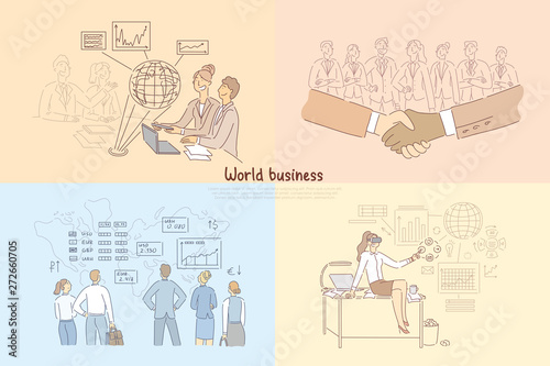 Global trade, digitalized business development, international partnership, stock market analytics, global trade banner