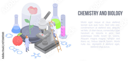 Chemistry and biology concept banner. Isometric illustration of chemistry and biology vector concept banner for web design