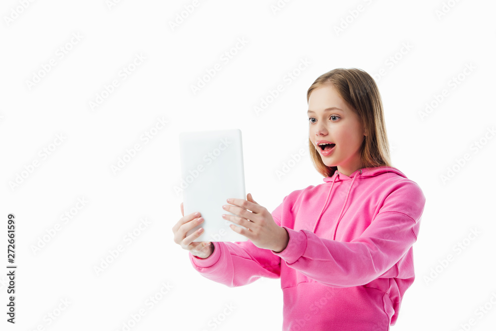 excited teenage girl having video chat on digital tablet isolated on white excited teenage girl having video chat on digital tablet isolated on white