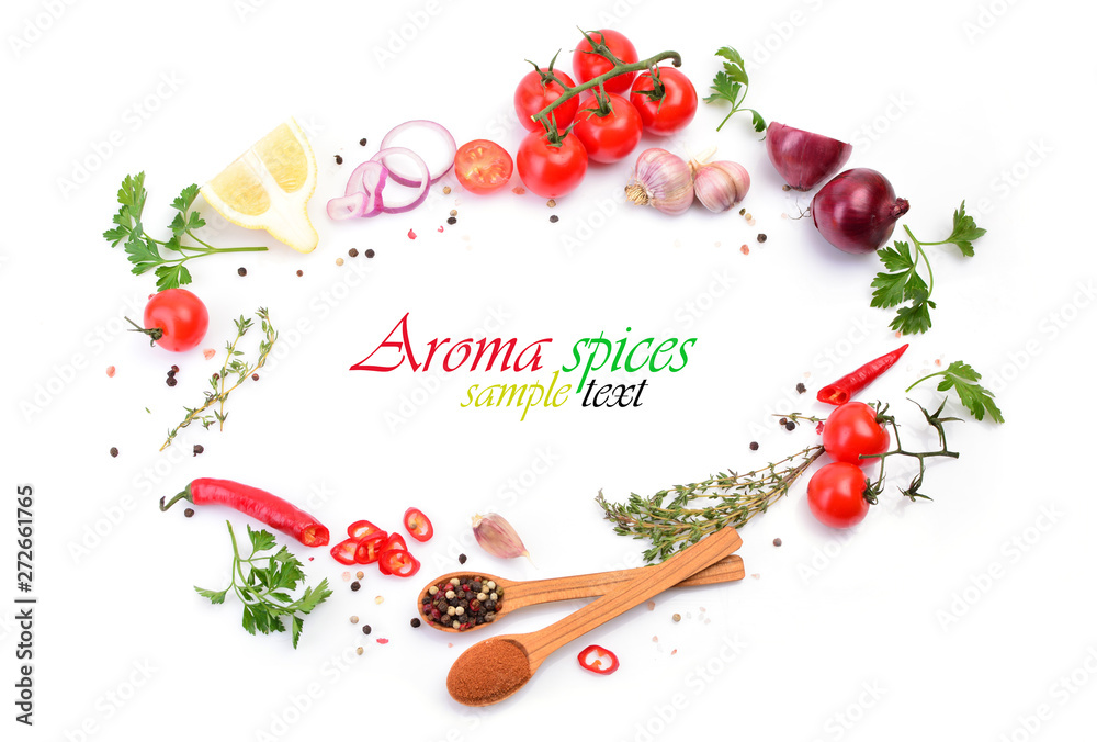 Spices and vegetables on white background Spices and vegetables on white background
