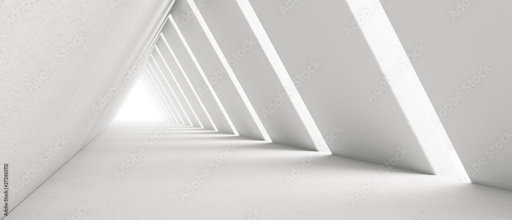 Empty Long Light Corridor. Modern white background. Futuristic Sci-Fi Triangle Tunnel. 3D Rendering