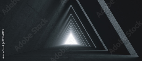 Empty Long Light Corridor. Modern concrete background. Futuristic Sci-Fi Triangle Tunnel. 3D Rendering