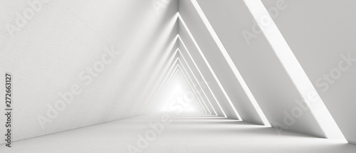 Empty Long Light Corridor. Modern white background. Futuristic Sci-Fi Triangle Tunnel. 3D Rendering photo