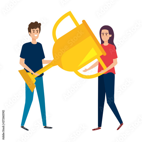 young couple lifting trophy cup award