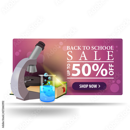 Modern back to school discount pink 3D banner with button, microscope, books and chemical flask