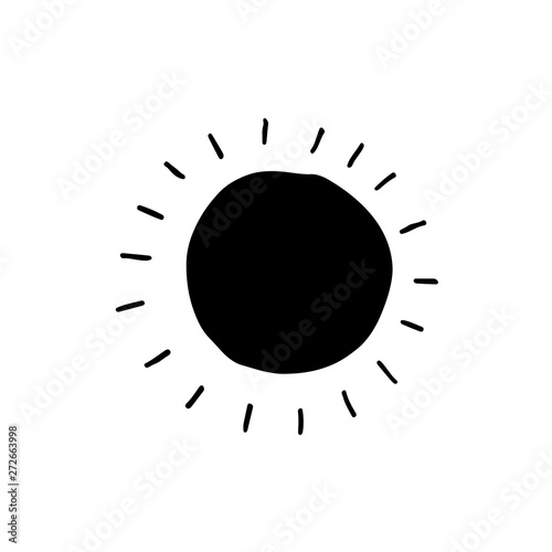 Cute cartoon hand drawn sun icon. Funny vector black and white sun icon. Isolated monochrome doodle sun icon for various projects.