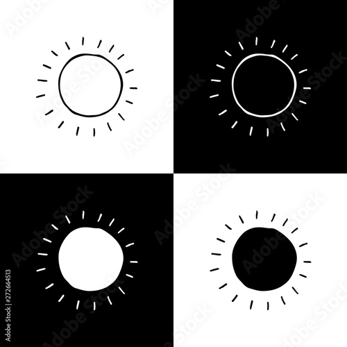 Cute cartoon hand drawn sun icon set. Funny vector black and white sun icon set. Isolated monochrome doodle sun icon set for various projects.