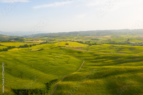 Val d'Orcia in Toscana, vista delle infinite valli verdi e d'orate di grano tra i colli senesi.