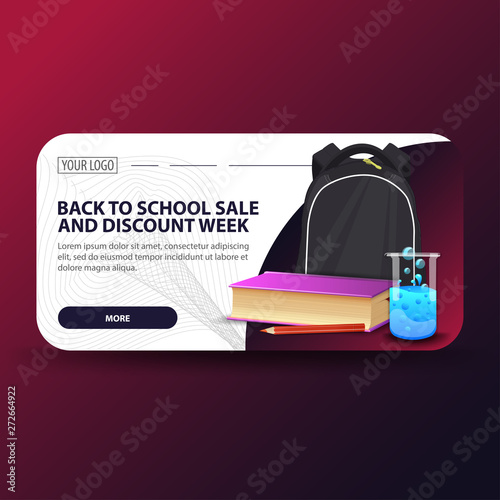 Back to school and discount week, horizontal banner with modern design, school backpack, a book and a chemical flask