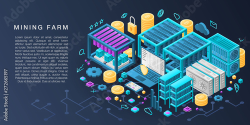 Mining farm concept banner. Isometric illustration of mining farm vector concept banner for web design