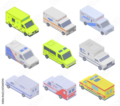 Ambulance icons set. Isometric set of ambulance vector icons for web design isolated on white background