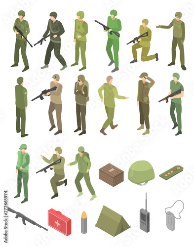 Soldier military icons set. Isometric set of soldier military vector icons for web design isolated on white background