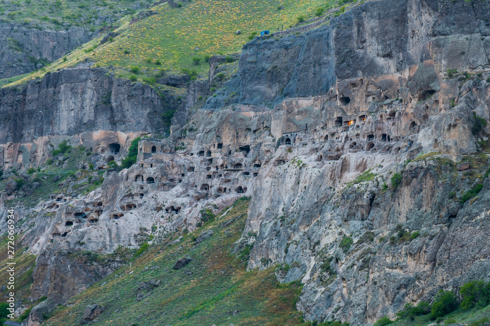 View of Vardzia caves. Vardzia is a cave monastery site in southern Georgia, excavated from the slopes of the Erusheti Mountain on the left bank of the Kura River.