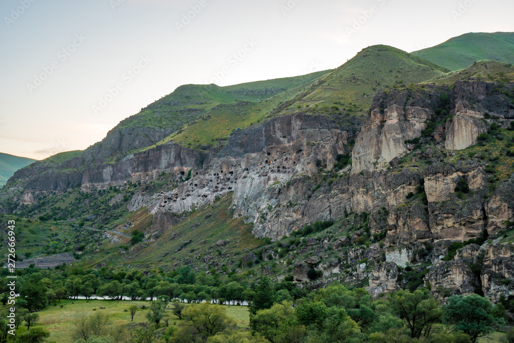 View of Vardzia caves. Vardzia is a cave monastery site in southern Georgia, excavated from the slopes of the Erusheti Mountain on the left bank of the Kura River.