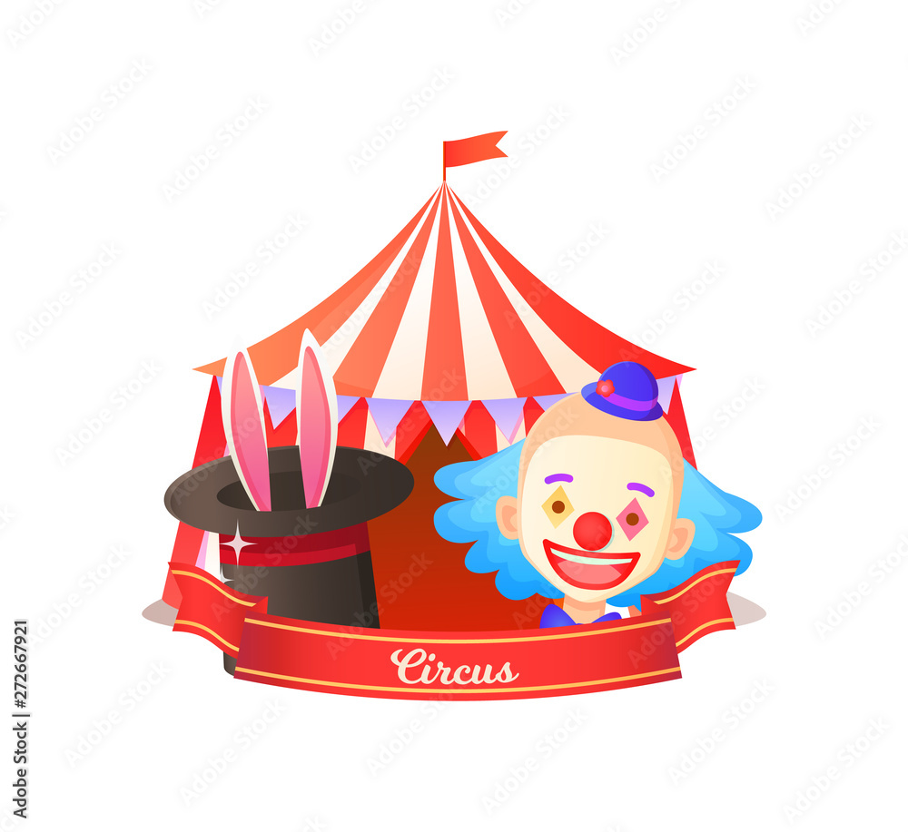 Circus red striped tent, portrait view of smiling clown character, ears of rabbit in hat, focus entertainment, colorful wizard, invitation or poster vector Circus red striped tent, portrait view of smiling clown character, ears of rabbit in hat, focus entertainment, colorful wizard, invitation or poster vector